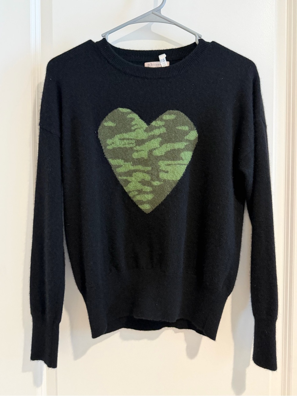 Philosophy Black Crewneck Sweater with Green Camo Heart 100% Cashmere